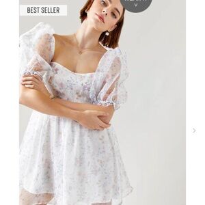 White Ruffled Babydoll Mini Dress with Puff Sleeves